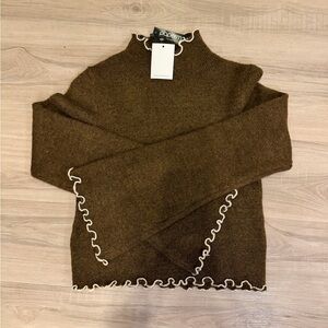 Brown Mock Neck Sweater with Cream Lettuce Trim